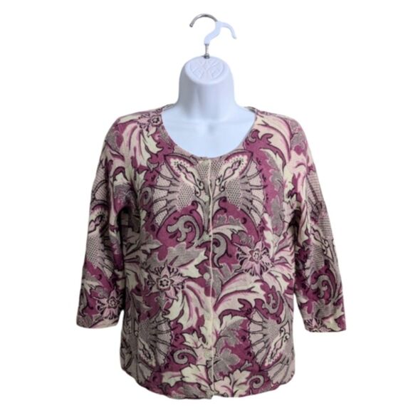 Talbots Petite Pure Cashmere Purple Gray Floral Cardigan Sweater 3/4 Sleeve SP - Picture 1 of 8